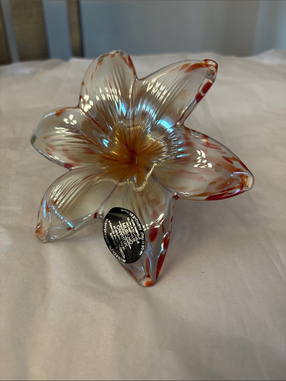 - Italian Murano Art Glass gold color with orange Colors Pedals 6 pedals Handma